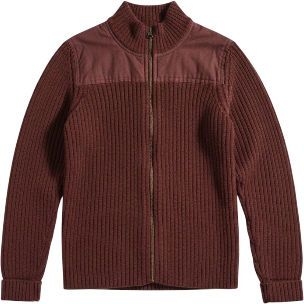 LL Bean Commando Merino Wool Full Zip Ribbed Sweater Elbow Patch Brown S